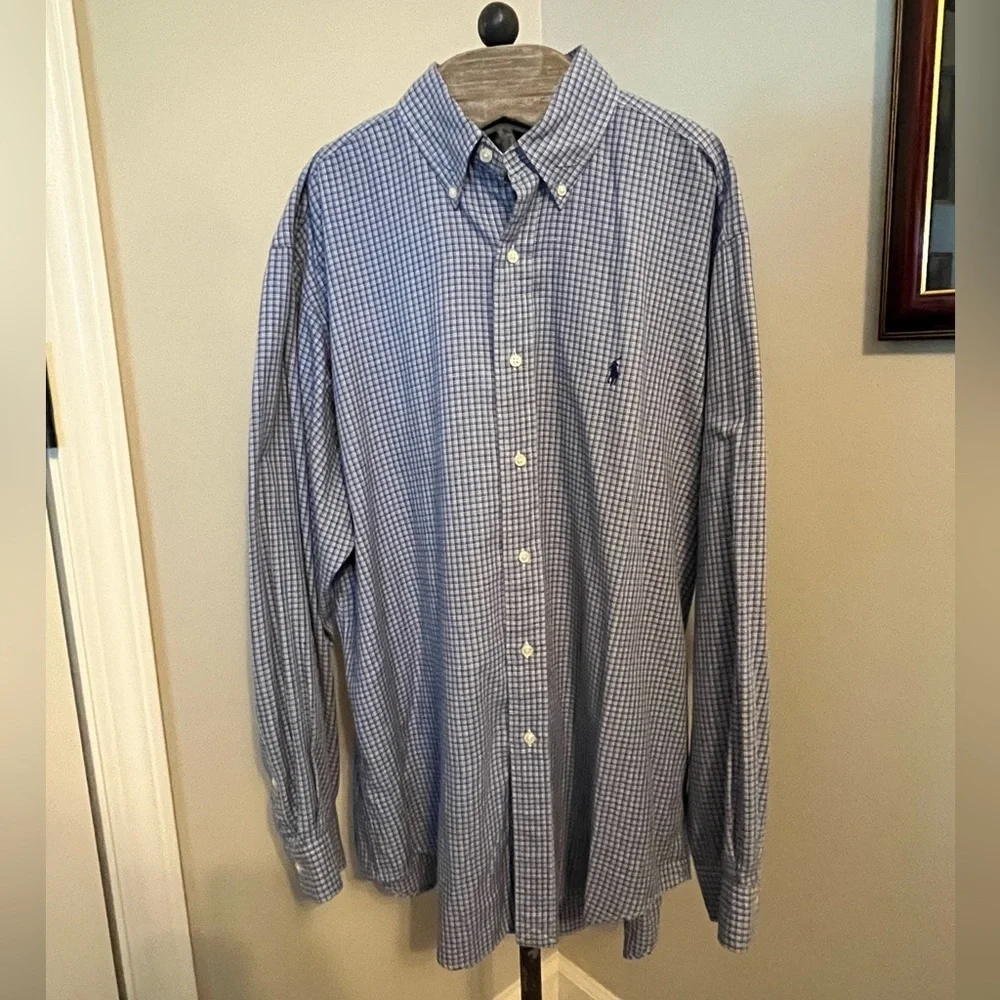 Blue plaid long sleeved Polo shirt